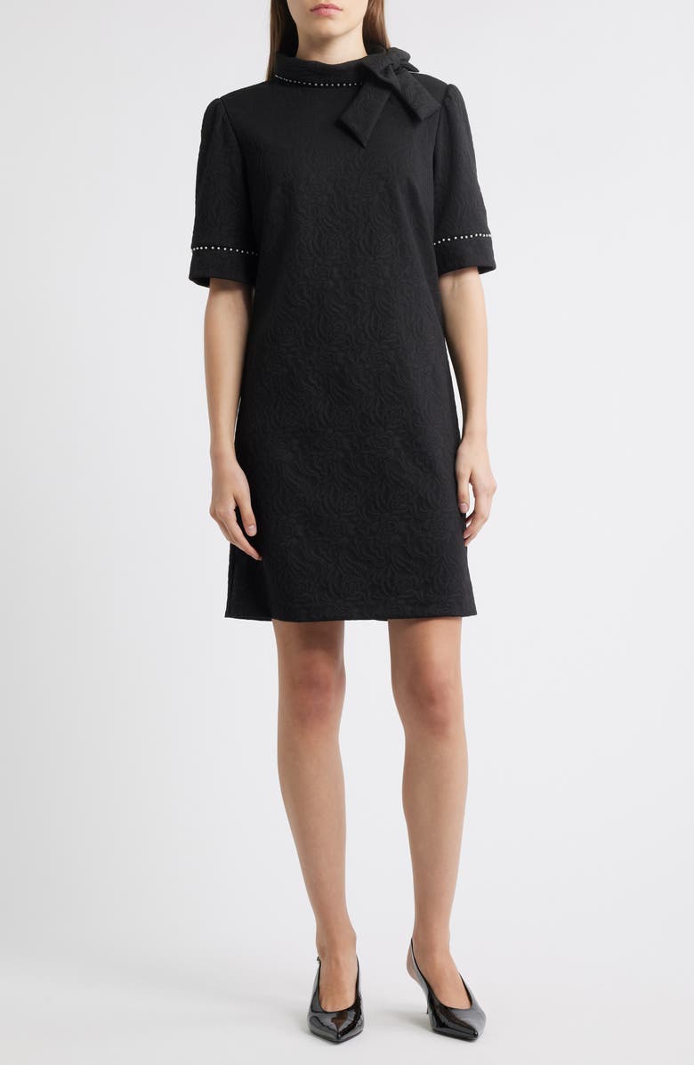 Julia Jordan Bow Neck Faux Pearl Trim Sheath Dress, Main, color, Black