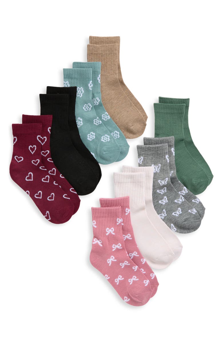 Capelli New York Kids' Ditsy Icons Assorted 8-Pack Quarter Socks, Main, color, Green Multi Combo