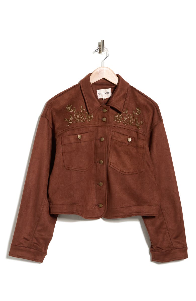 Vigoss Studded Faux Suede Crop Shacket, Alternate, color, Chocolate