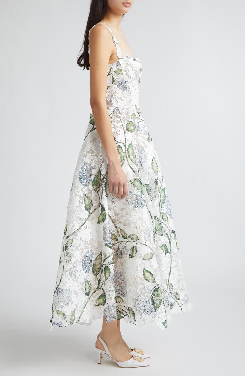 Oscar de la Renta Porcelain Flowers Guipure Lace Gown, Alternate, color, Denim/ White