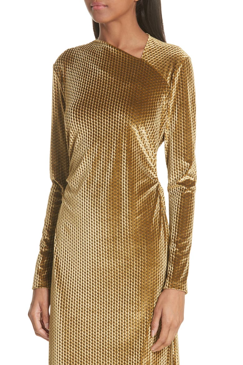 Ruched Velvet Jacquard Midi Dress, Alternate, color, GOLD