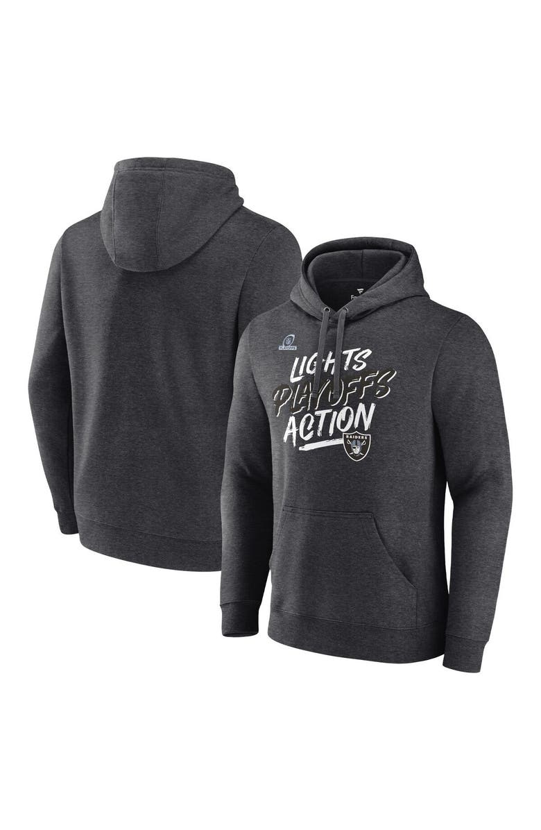 FANATICS Men's Fanatics Branded Heathered Charcoal Las Vegas Raiders 2021 NFL Playoffs Bound Lights Action Pullover Hoodie, Main, color, 