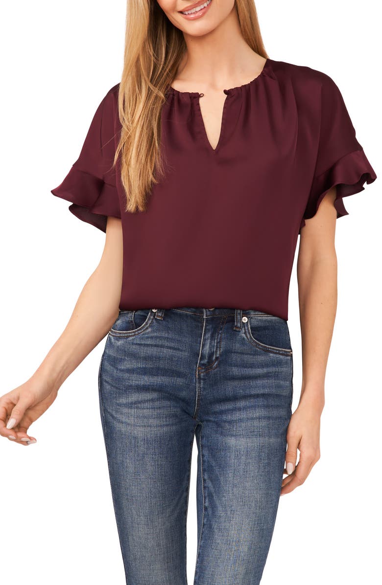 CeCe Flutter Sleeve Top, Main, color, Rich Cabernet