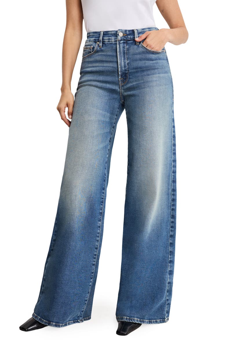 Good American Good Waist High Waist Wide Leg Palazzo Jeans, Main, color, Indigo986