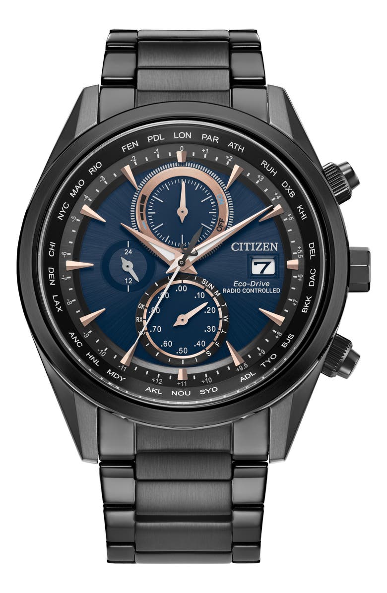 Citizen Sport Luxury Atomic Timekeeping Bracelet Watch, 43mm, Main, color, Black/ Blue