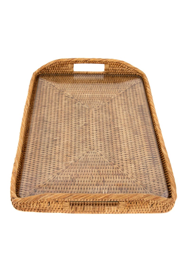 Artifacts Rattan Rectangular Tray with Glass Insert, Alternate, color, Honey Brown