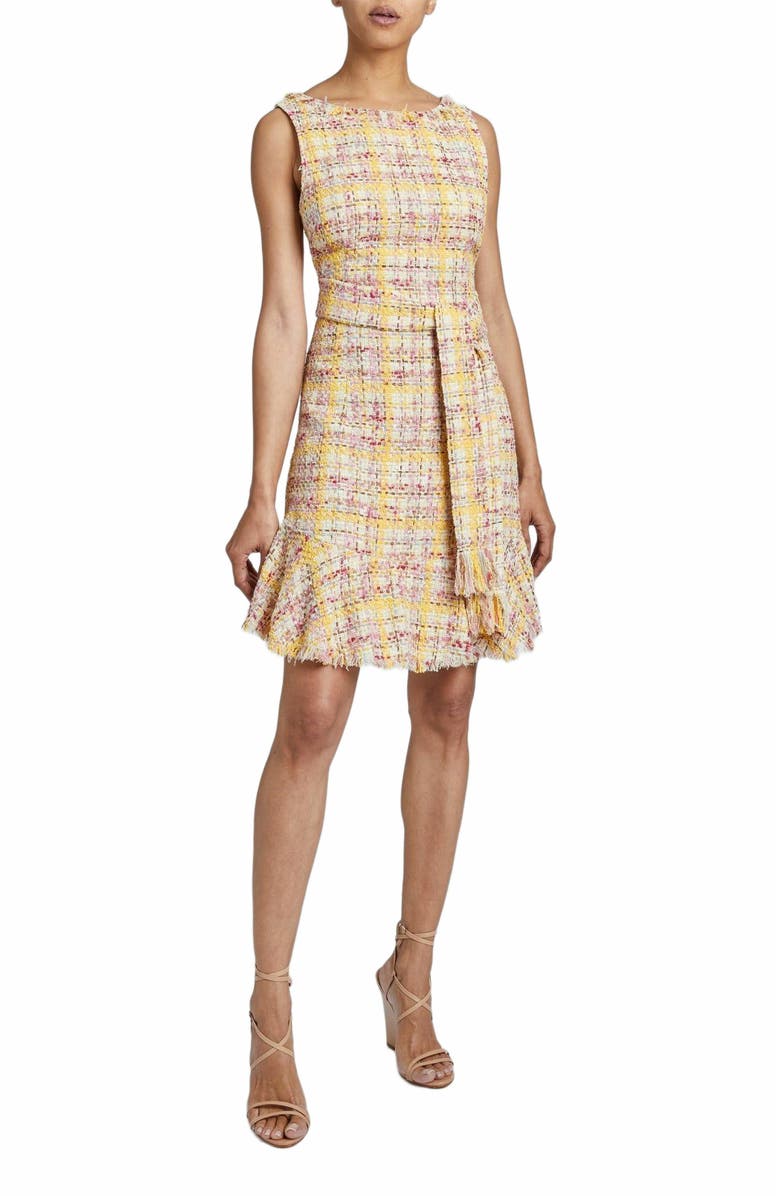 Santorelli CELINE Sleeveless Tweed Sheath Dress with Ruffle Hem, Main, color, 