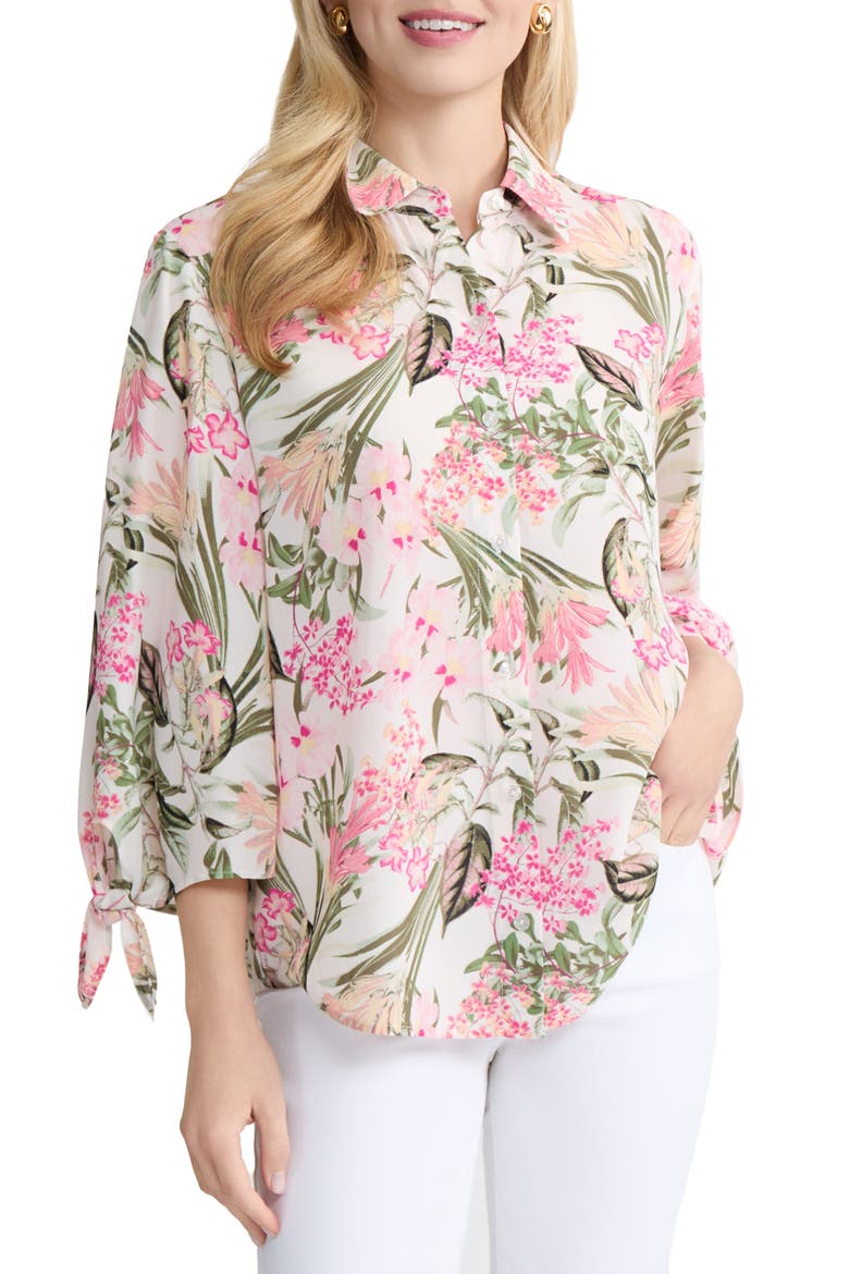 Floral Tie Sleeve Button-Up Shirt, Main, color, WHITE SAND MULTI