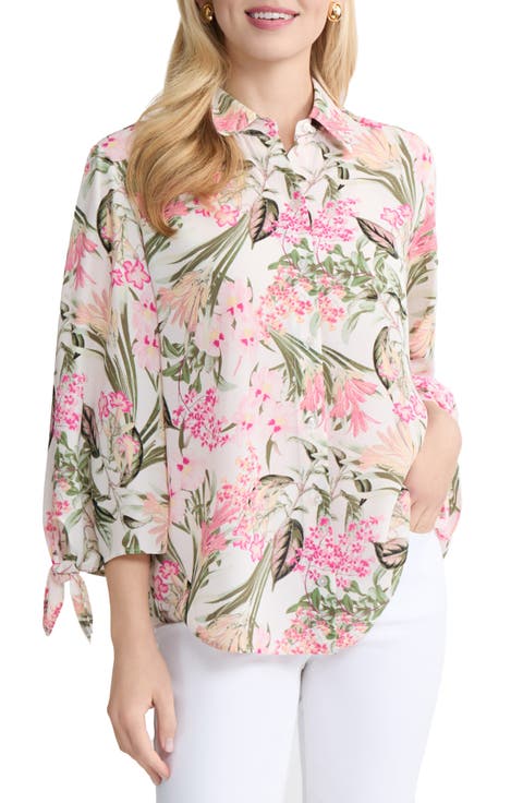 Jones New York Floral Tie Sleeve Button-Up Shirt
