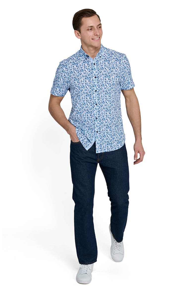 Slim Fit 4-Way Stretch Short Sleeve Button-Up Performance Shirt, Alternate, color, WHITE/ BLUE