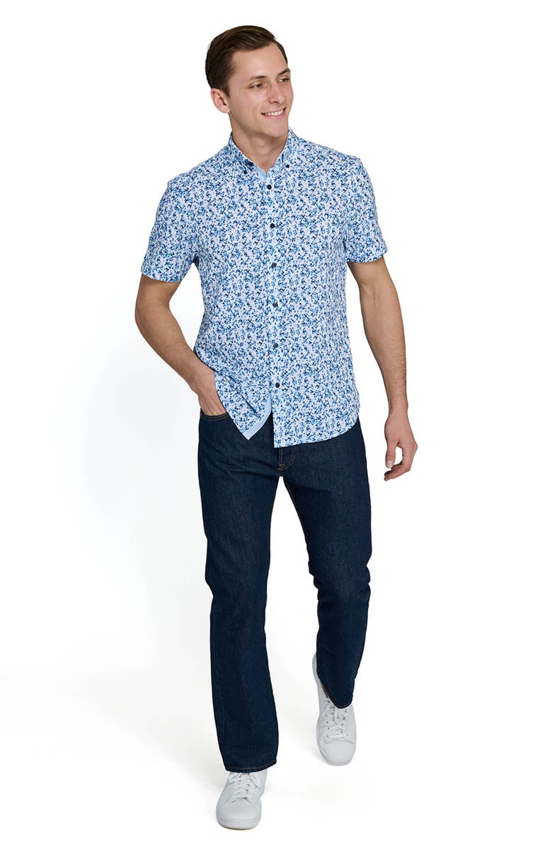 CONSTRUCT Slim Fit 4-Way Stretch Short Sleeve Button-Up Performance Shirt, Alternate, color, White/ Blue