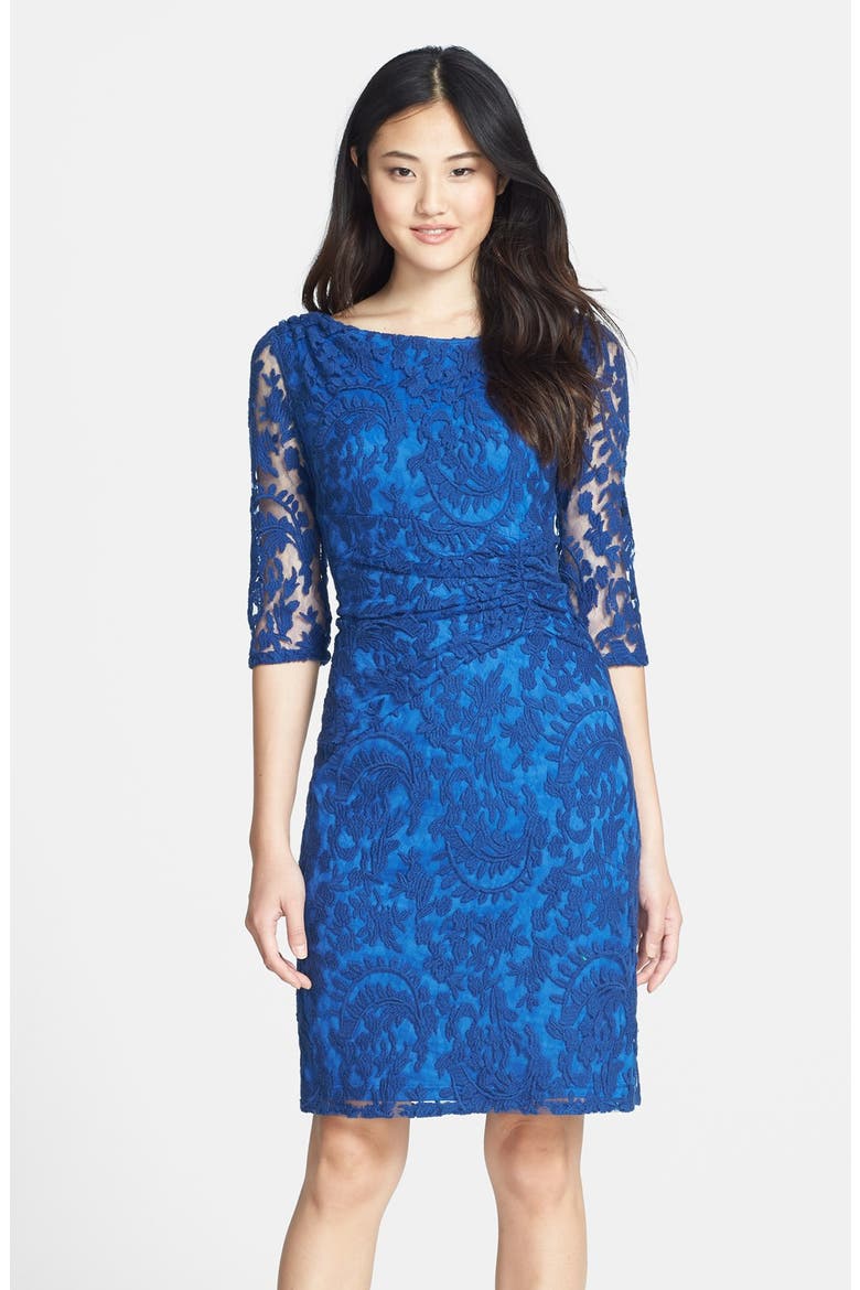 Embroidered Mesh Ruched Sheath Dress, Main, color, NILE