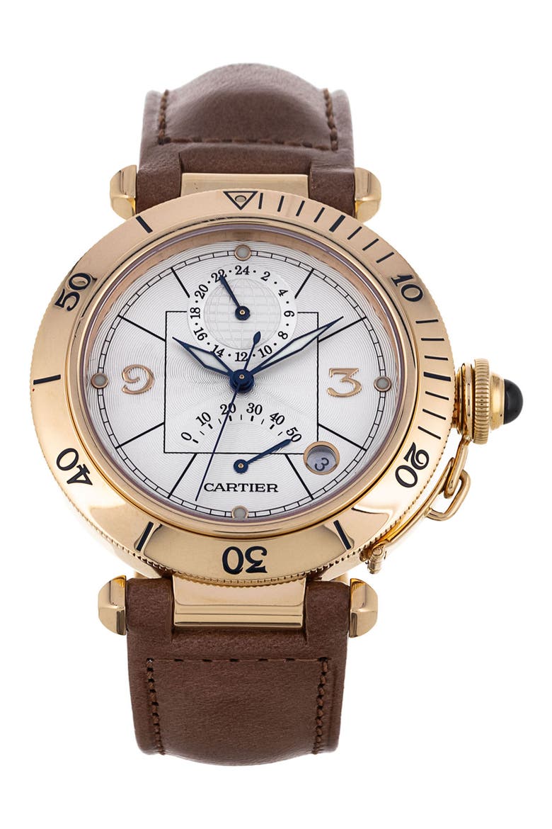 Pasha Preowned Automatic Faux Leather Strap Watch, 38mm, Main, color, BROWN/ GOLD/ SILVER