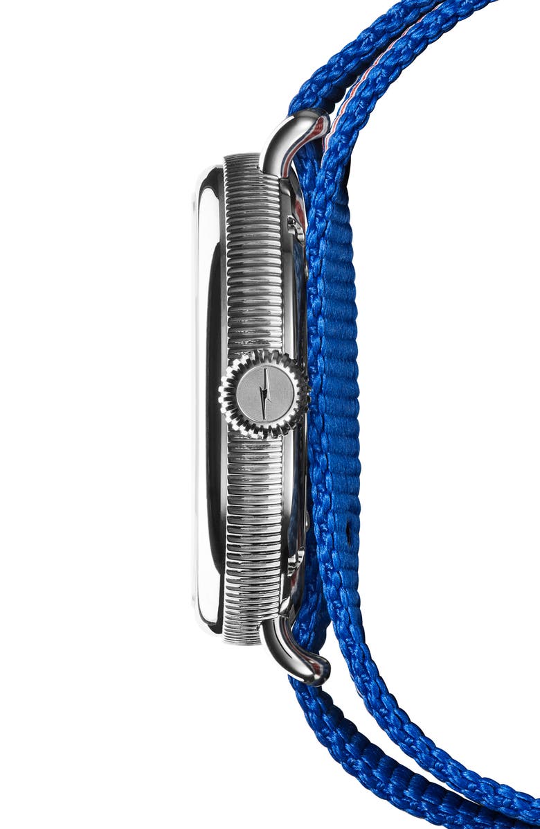 Shinola Birdy Blue/White/Red Grosgrain Stripe Strap Watch, 38mm, Alternate, color,