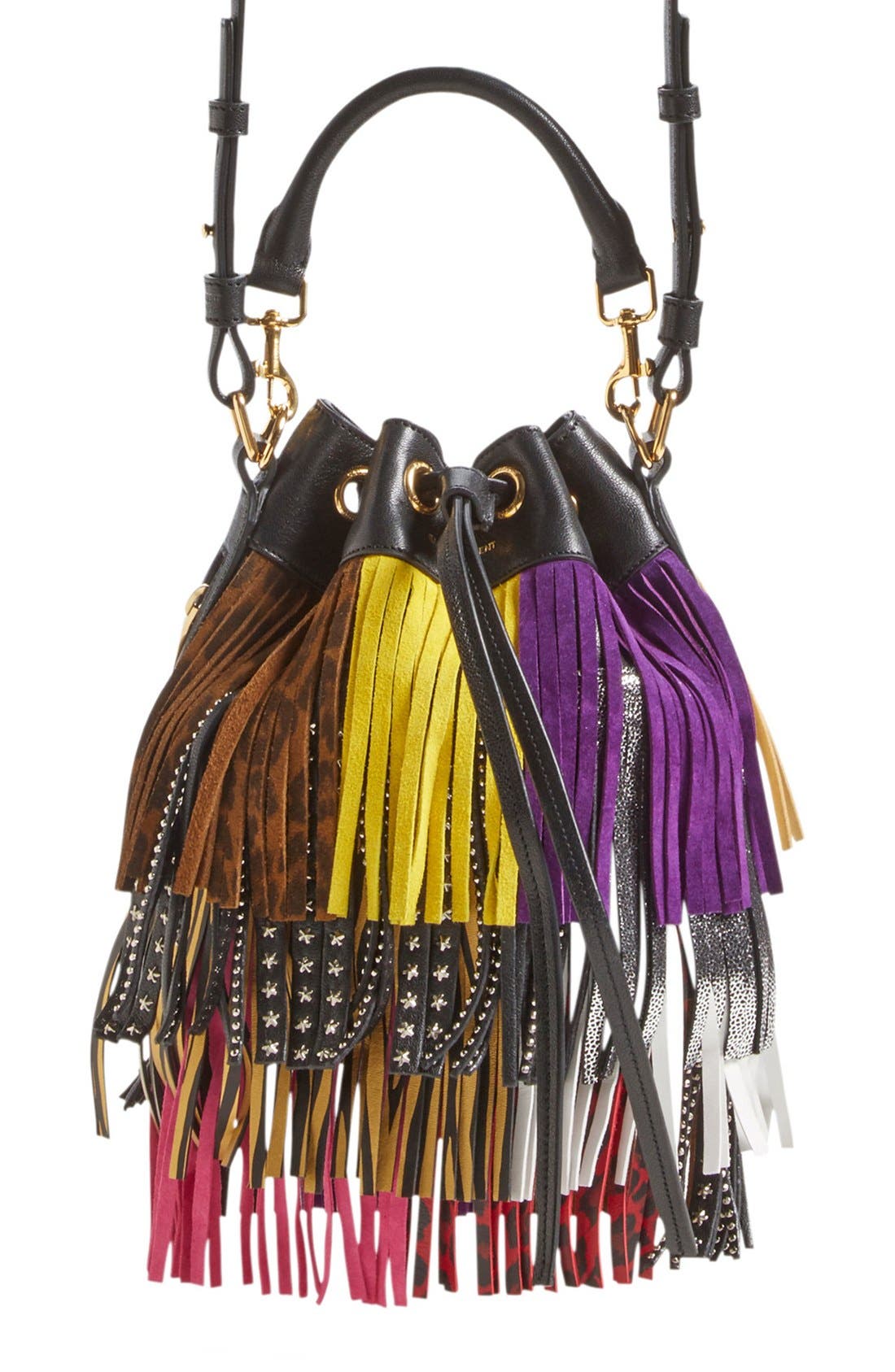 Saint Laurent 'Emmanuelle' Suede Fringe Bucket Bag, Main, color, 