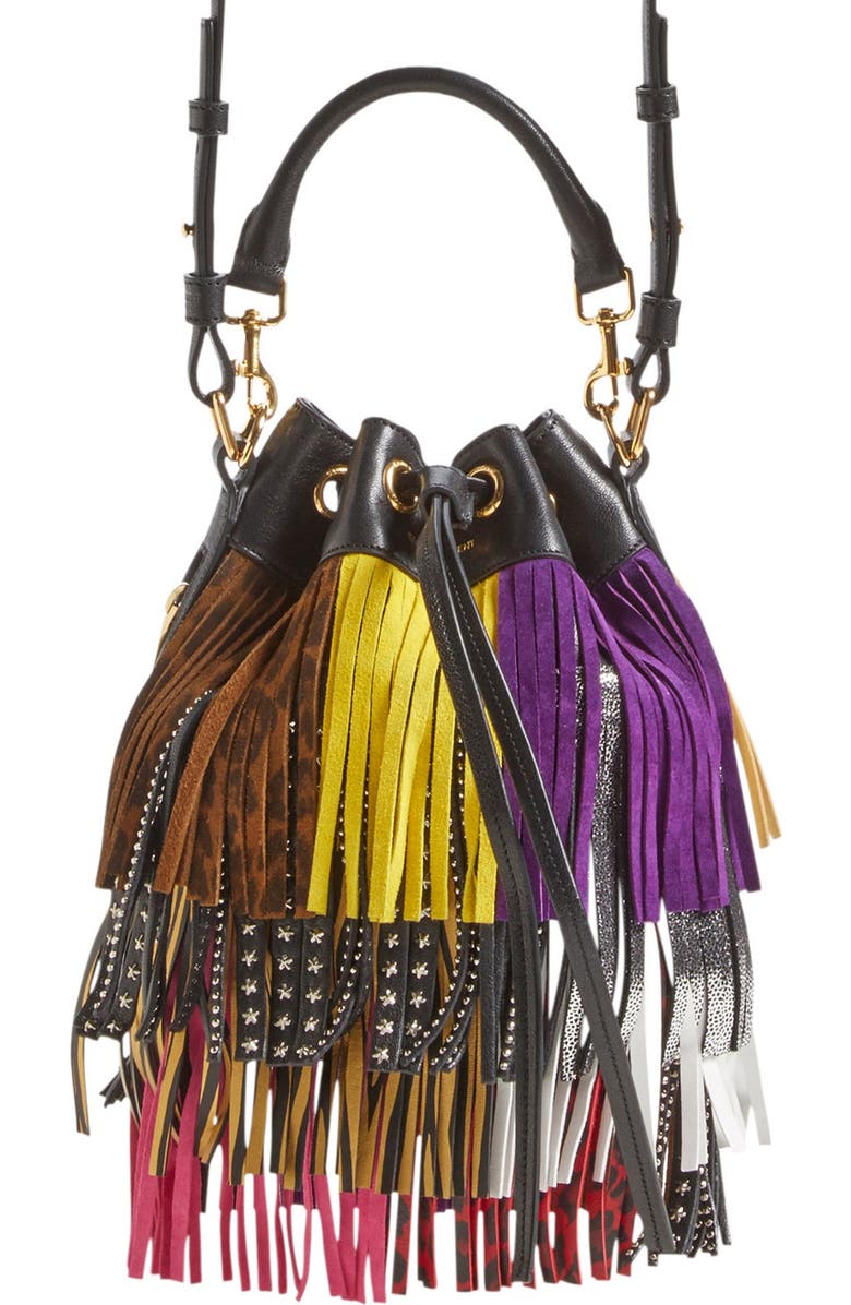 Saint Laurent 'Emmanuelle' Suede Fringe Bucket Bag, Main, color,