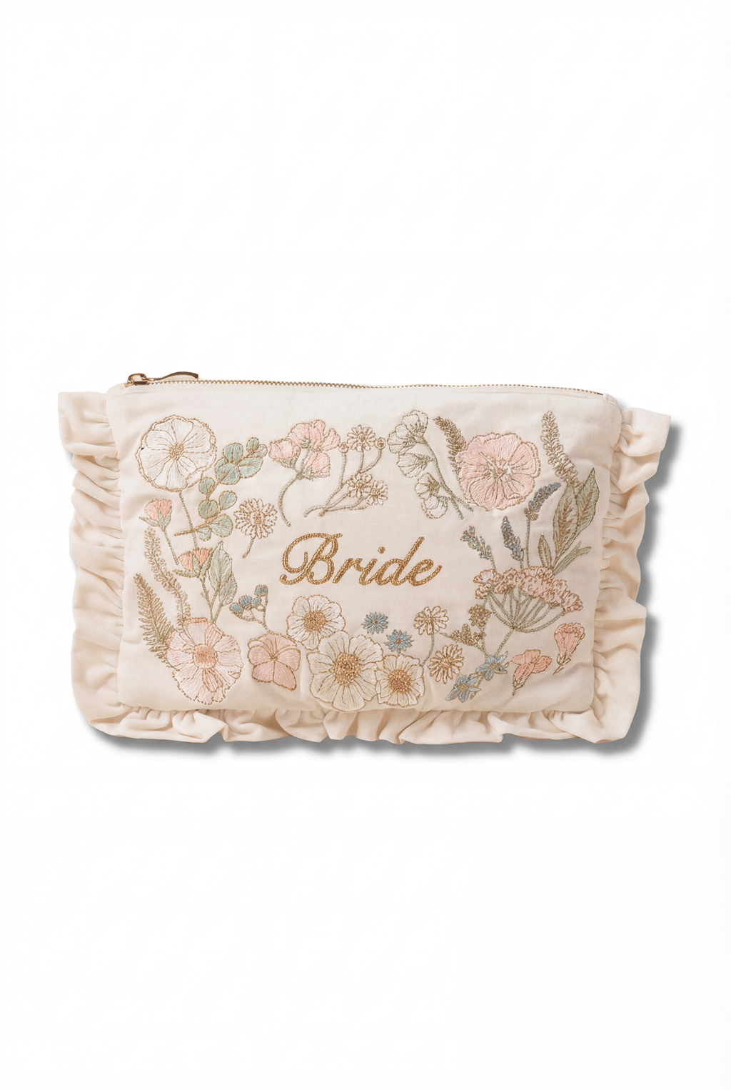 Elizabeth Scarlett Pressed Flowers Bride Velvet Frill Pouch, Main, color, Cream