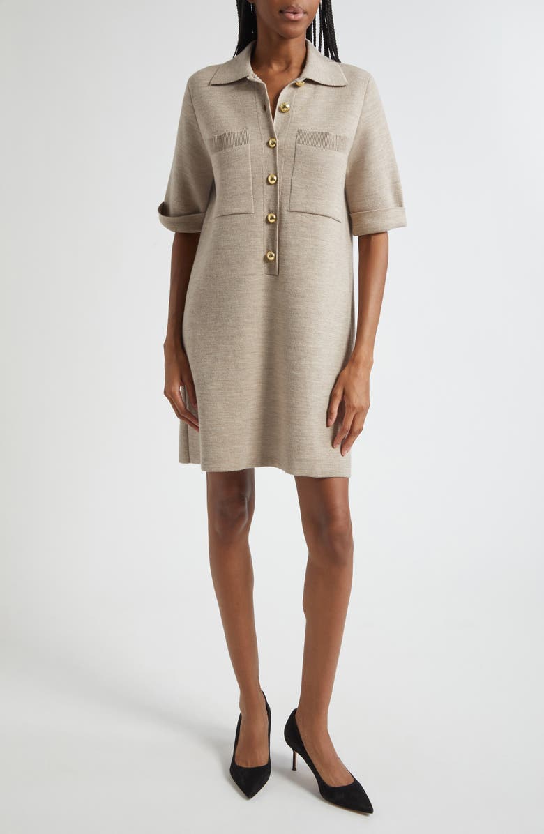 Veronica Beard Madden Merino Wool Half Placket Sweater Dress, Main, color, Oatmeal Melange