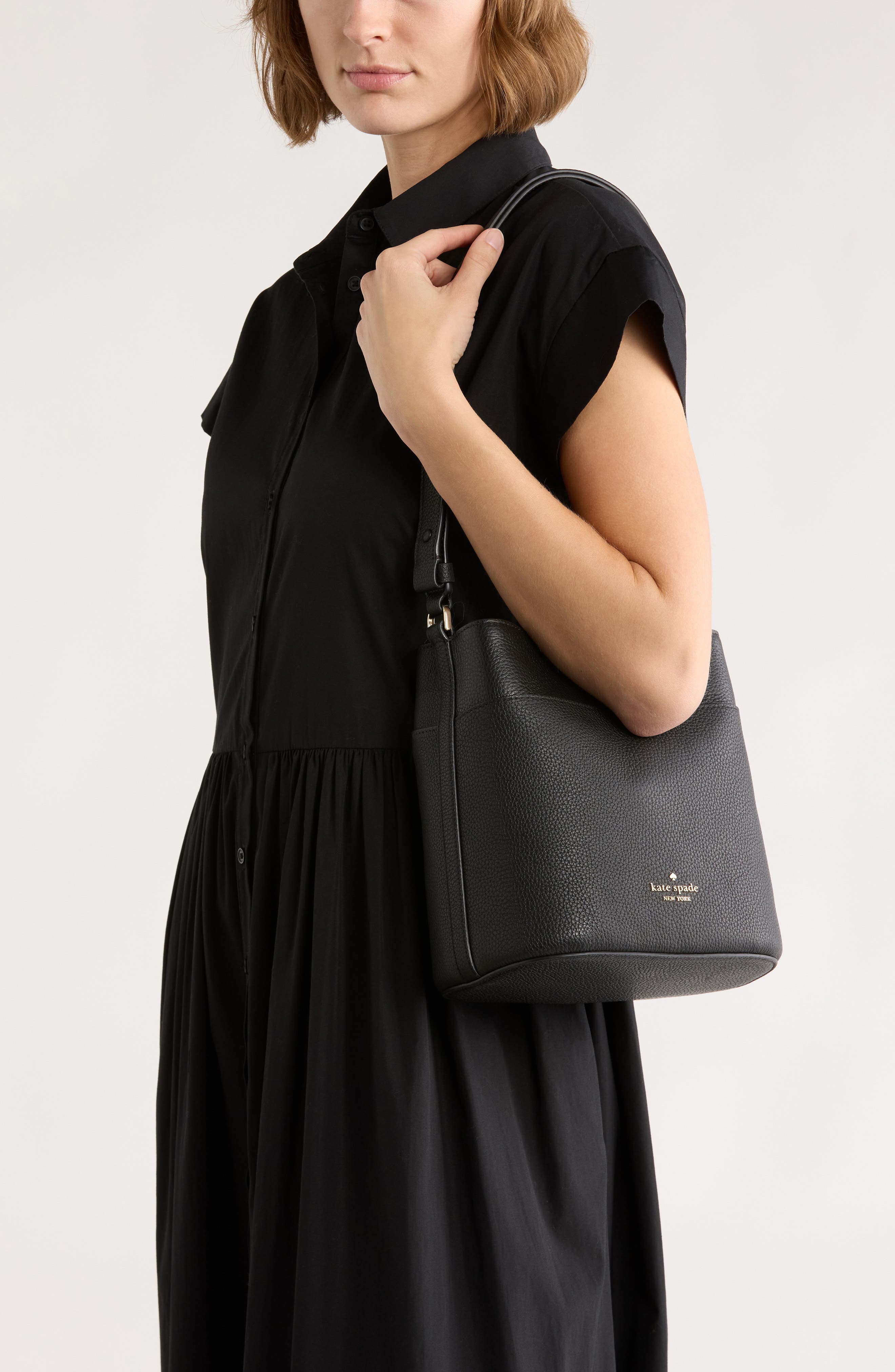 Kate Spade New York leila pebbled leather small bucket bag, Alternate, color, Black