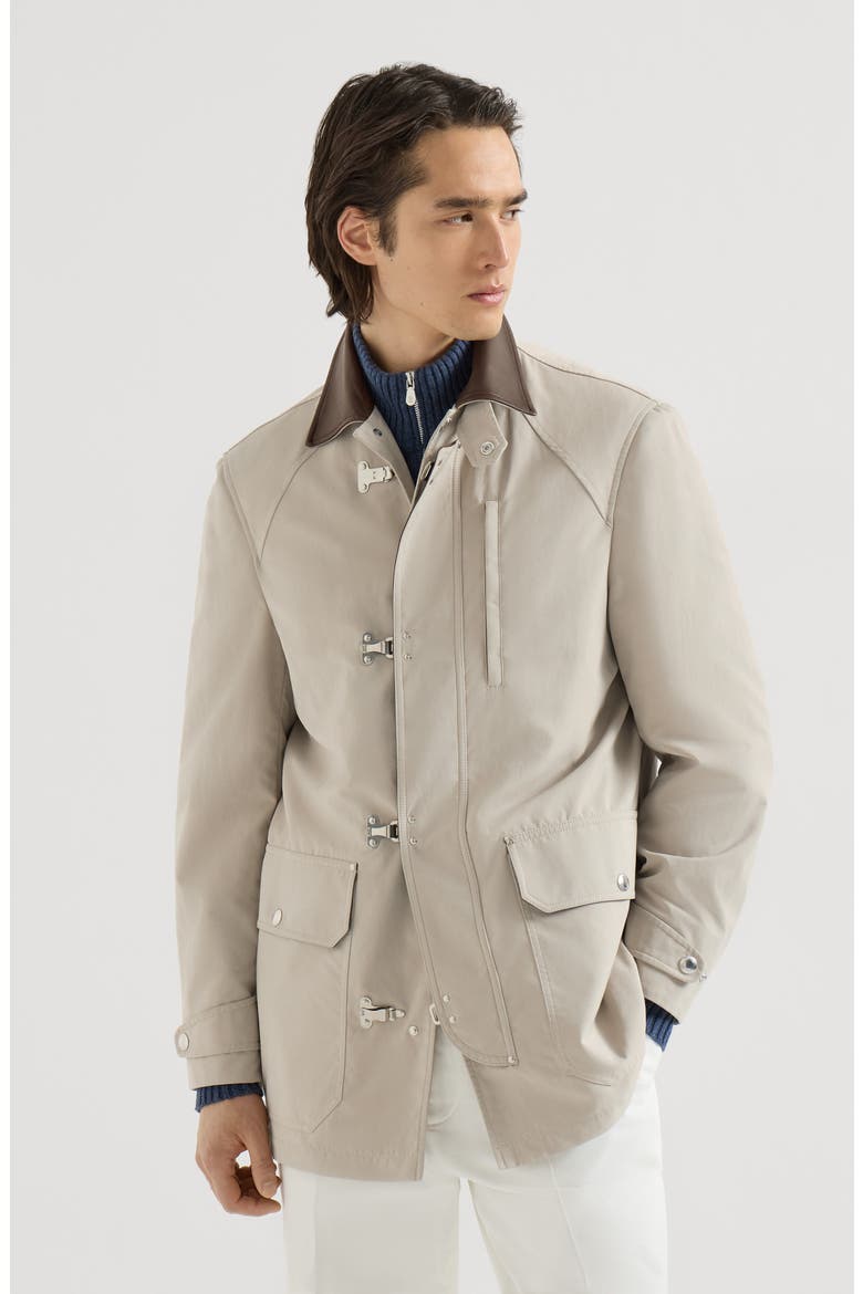 Water-resistant microfiber outerwear jacket with hook fastening and nappa leather inserts, Main, color, Beige