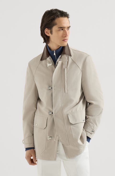 Water-resistant microfiber outerwear jacket with hook fastening and nappa leather inserts