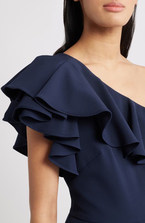 Shop Eliza J One-shoulder Ruffle Jumpsuit In Navy