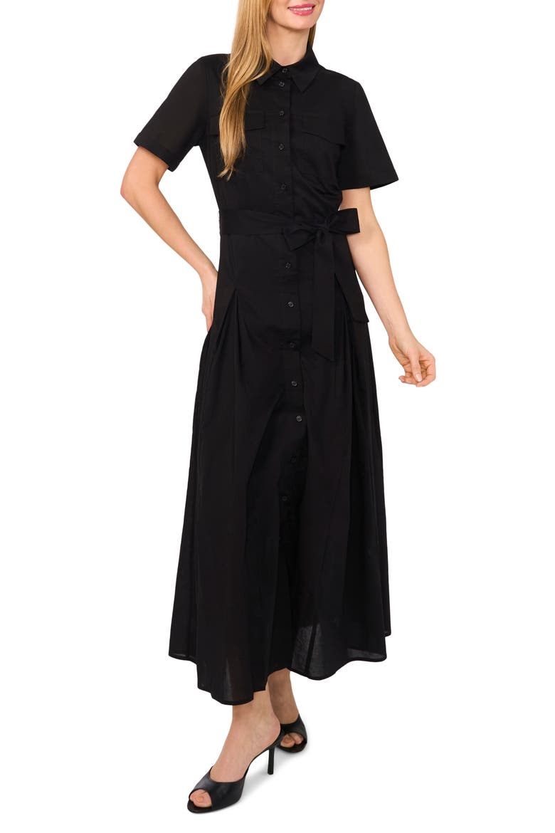 Box Pleat Tie Belt Cotton Maxi Shirtdress, Main, color, RICH BLACK
