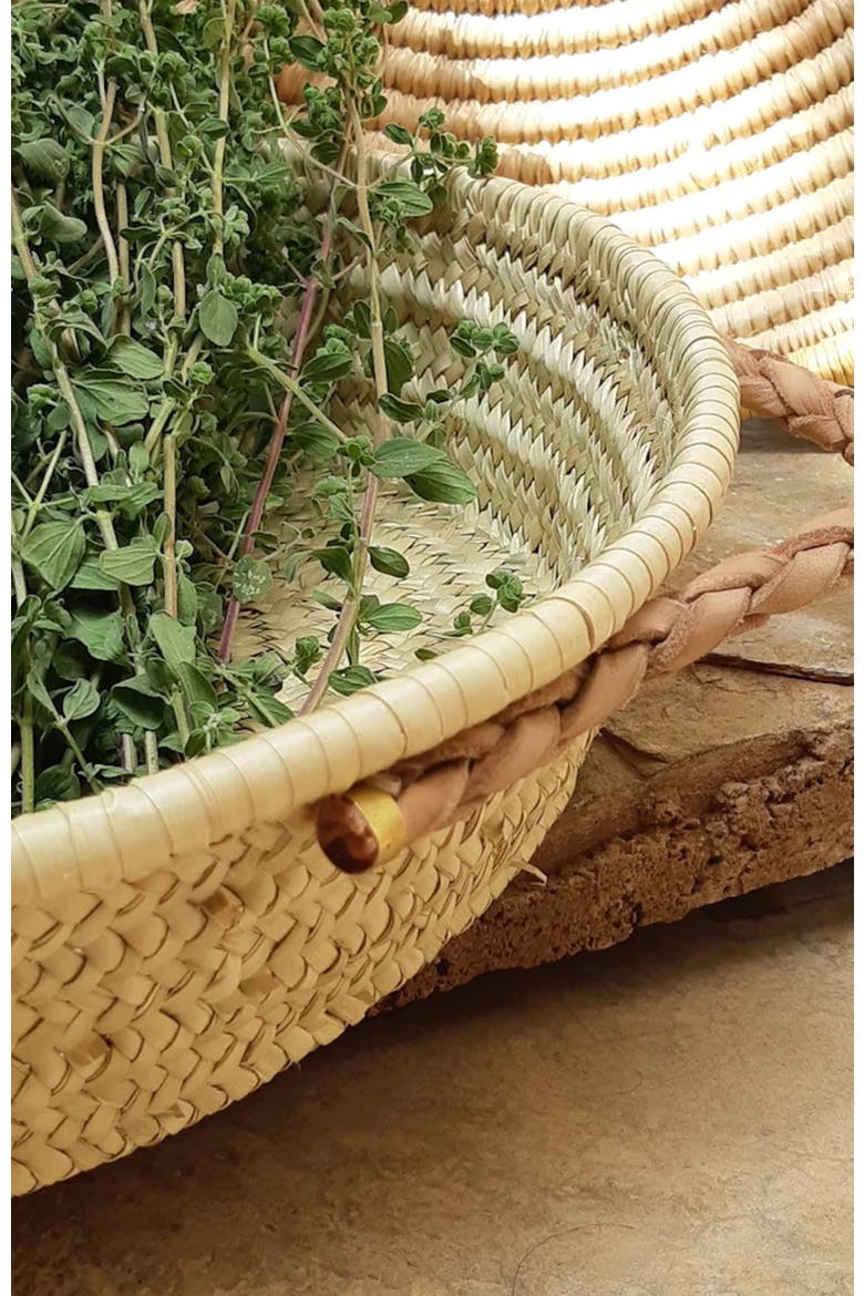 Handwoven Palm Tray with Leather Handles, Alternate, color, Natural