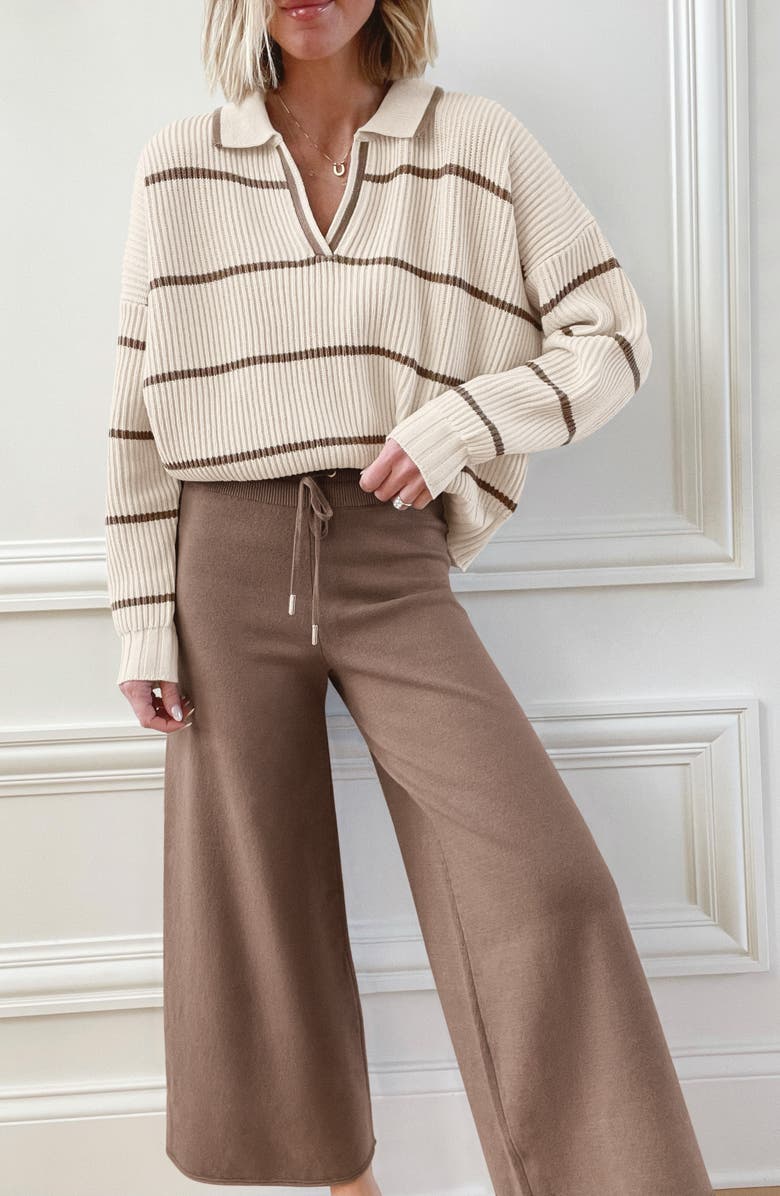 Splendid x @cellajaneblog Stripe Cotton Blend Polo Sweater, Alternate, color, Pearl/ Hazelnut
