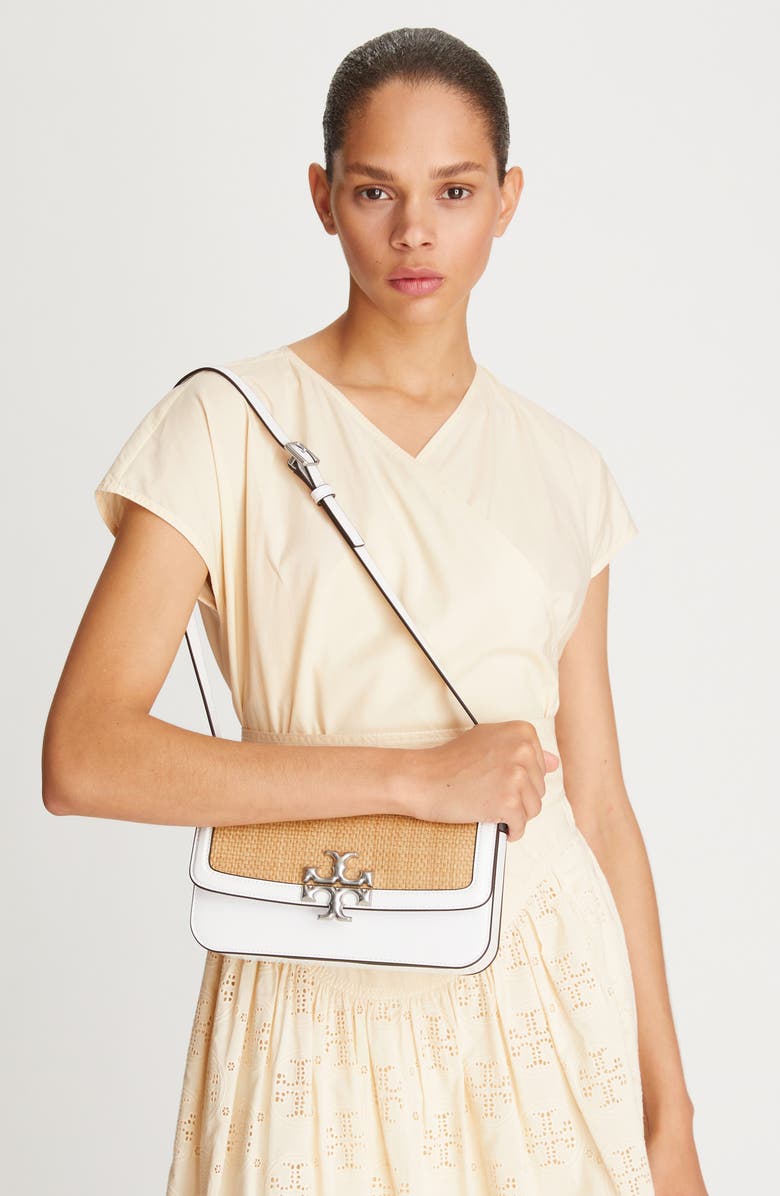 Tory Burch Eleanor Small E/W Leather Straw Convertible Shoulder Bag, Alternate, color,