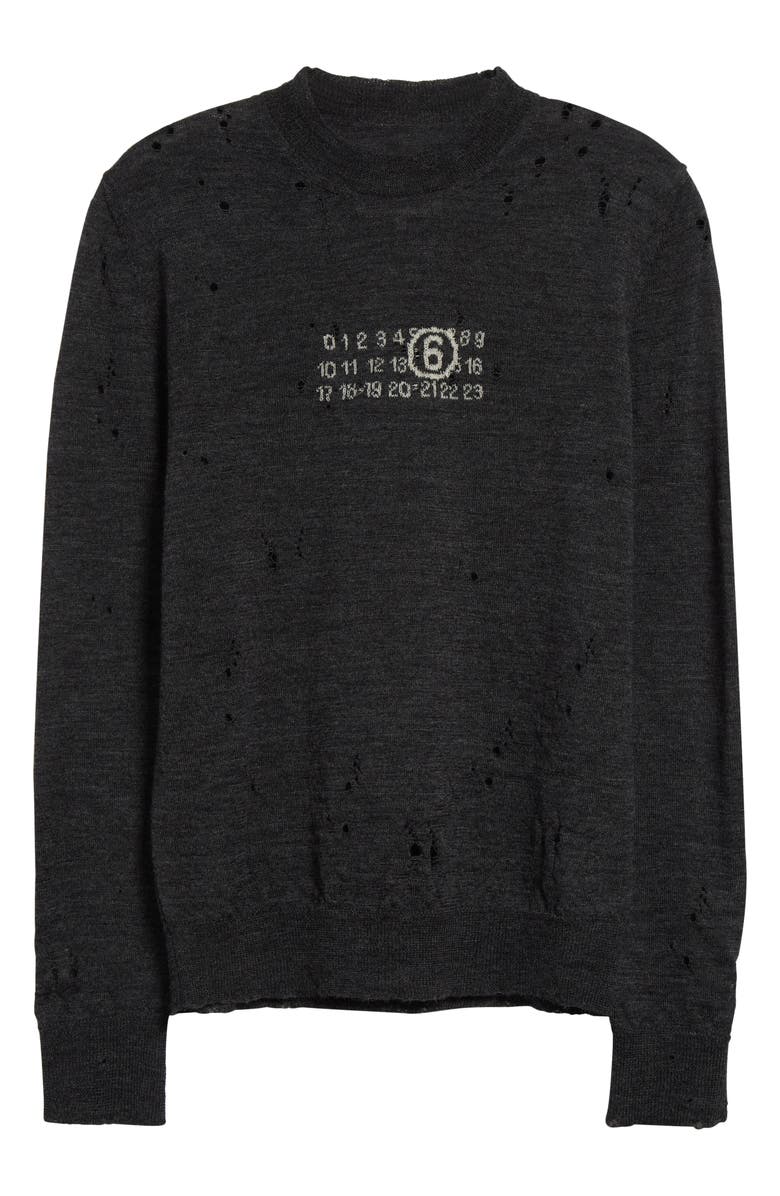 MM6 Maison Margiela Distressed Numeric Motif Virgin Wool Sweater, Alternate, color, Dark Grey Melange
