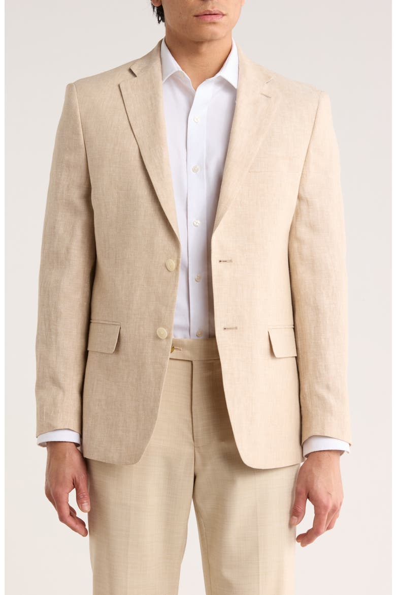 Two Button Notch Lapel Woven Linen Sport Coat, Main, color, TAN PLAIN
