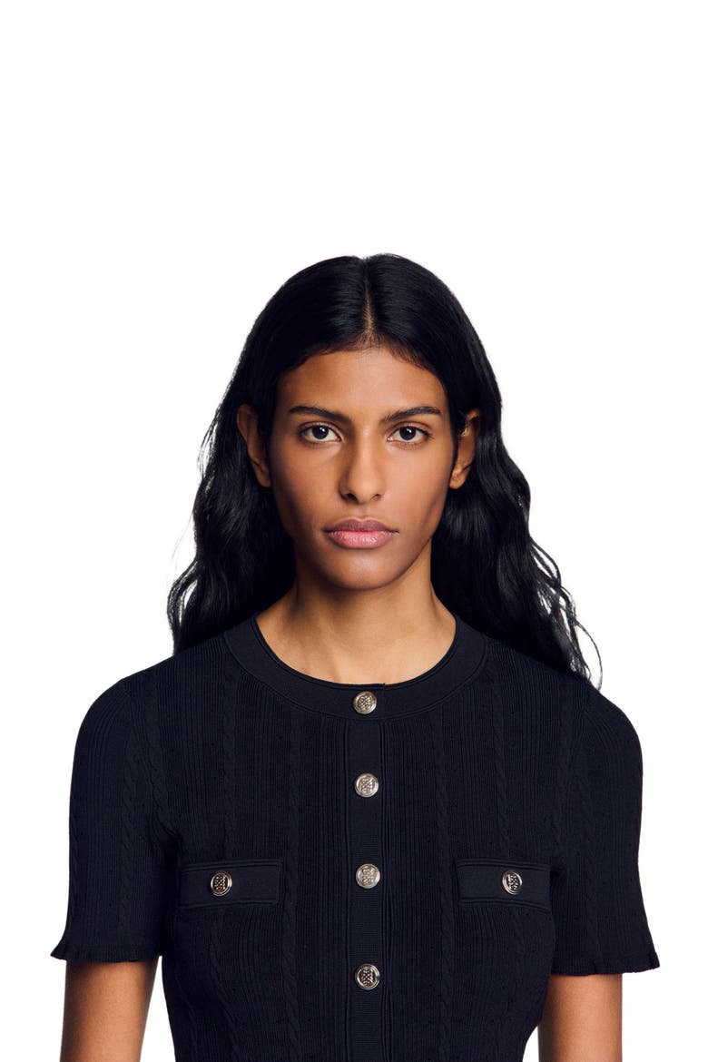 Cropped pointelle knit cardigan, Alternate, color, Black