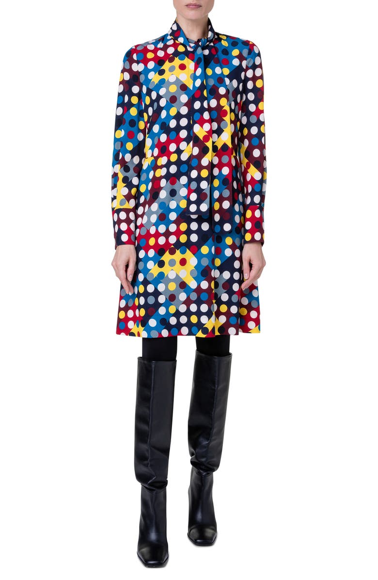Akris punto Diamond Polka Dot Print Long Sleeve Tie Neck Crepe Shirtdress, Main, color, 