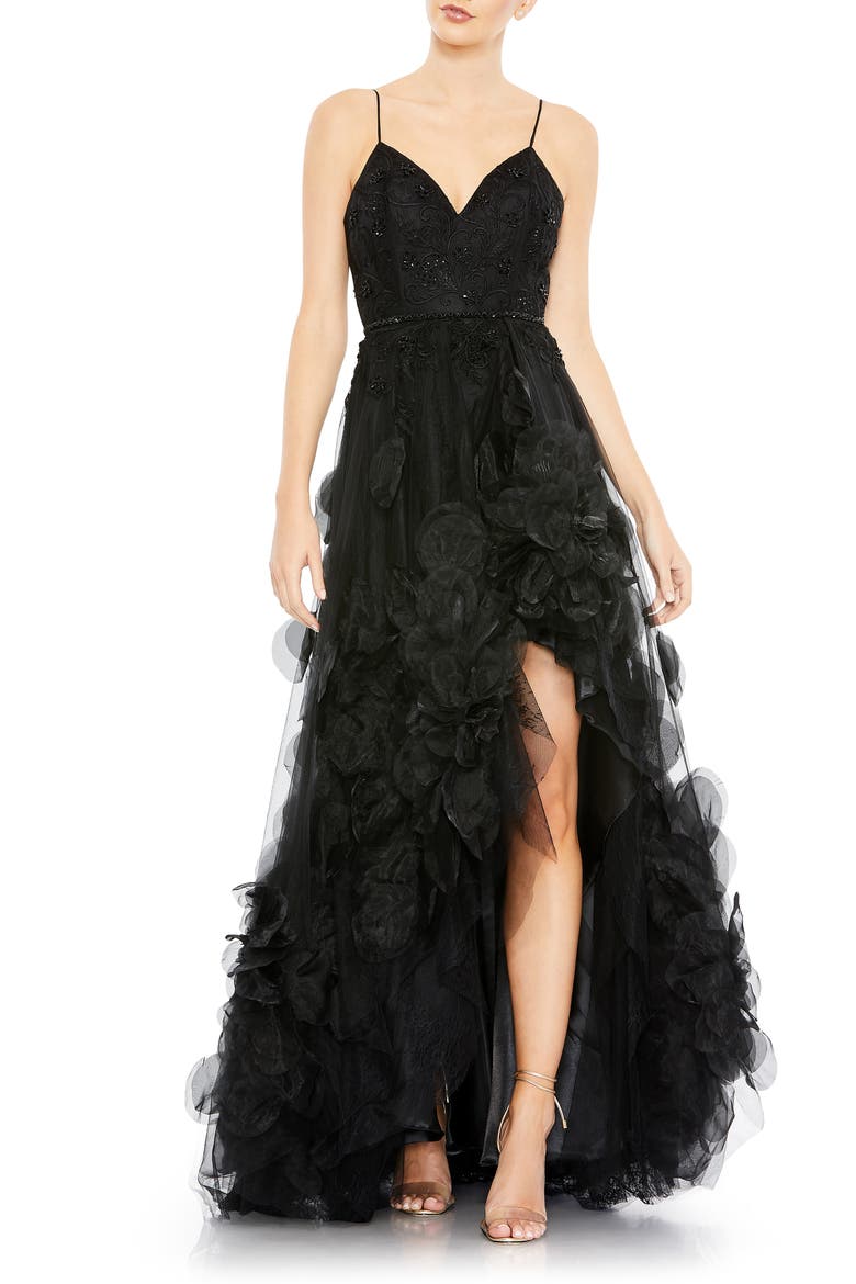 Women's Embellished Floral High Low Sleeveless Gown, Main, color, BLACK