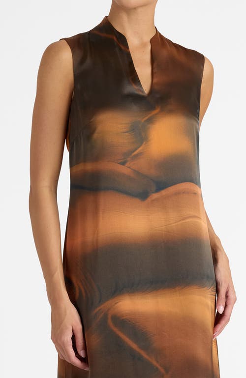 Santorelli Nicole Sleeveless Midi Shift Dress In Printed Silk Charmeuse In Brown