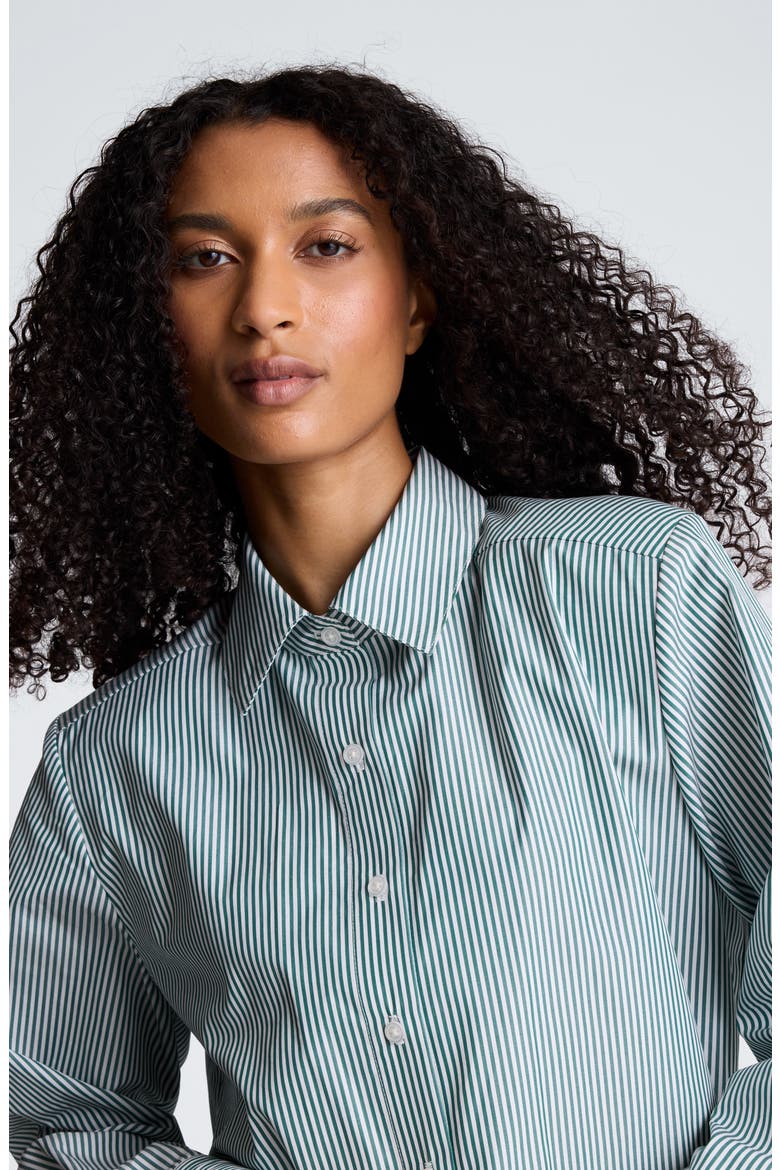 Striped Cropped Cotton Button Down Shirt, Alternate, color, PURE WHITE/ TEAL DUSK