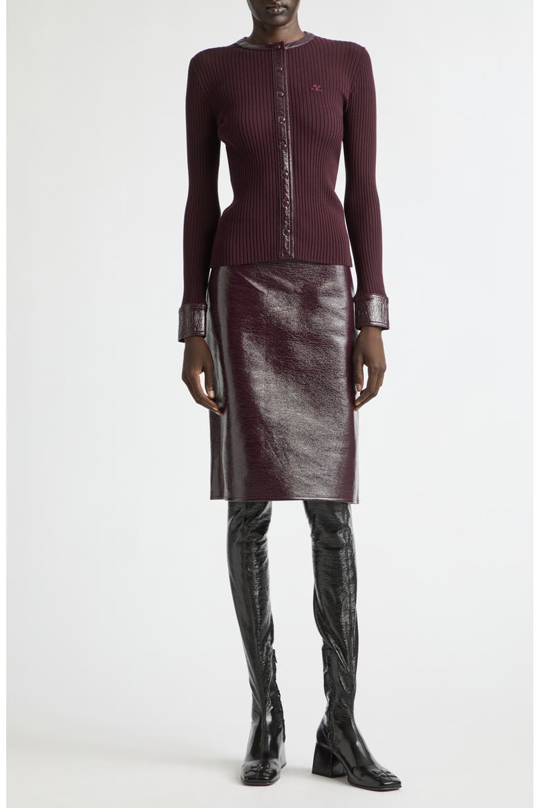 Vinyl Trim Ribbed Cardigan, Alternate, color, BURGUNDY