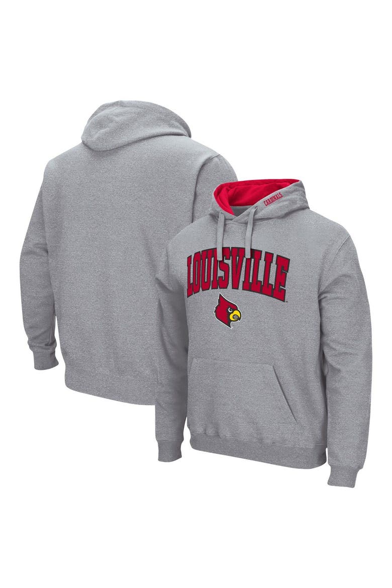 Men's Colosseum Heather Gray Louisville Cardinals Arch & Logo 3.0 Pullover Hoodie, Main, color, Heather Gray