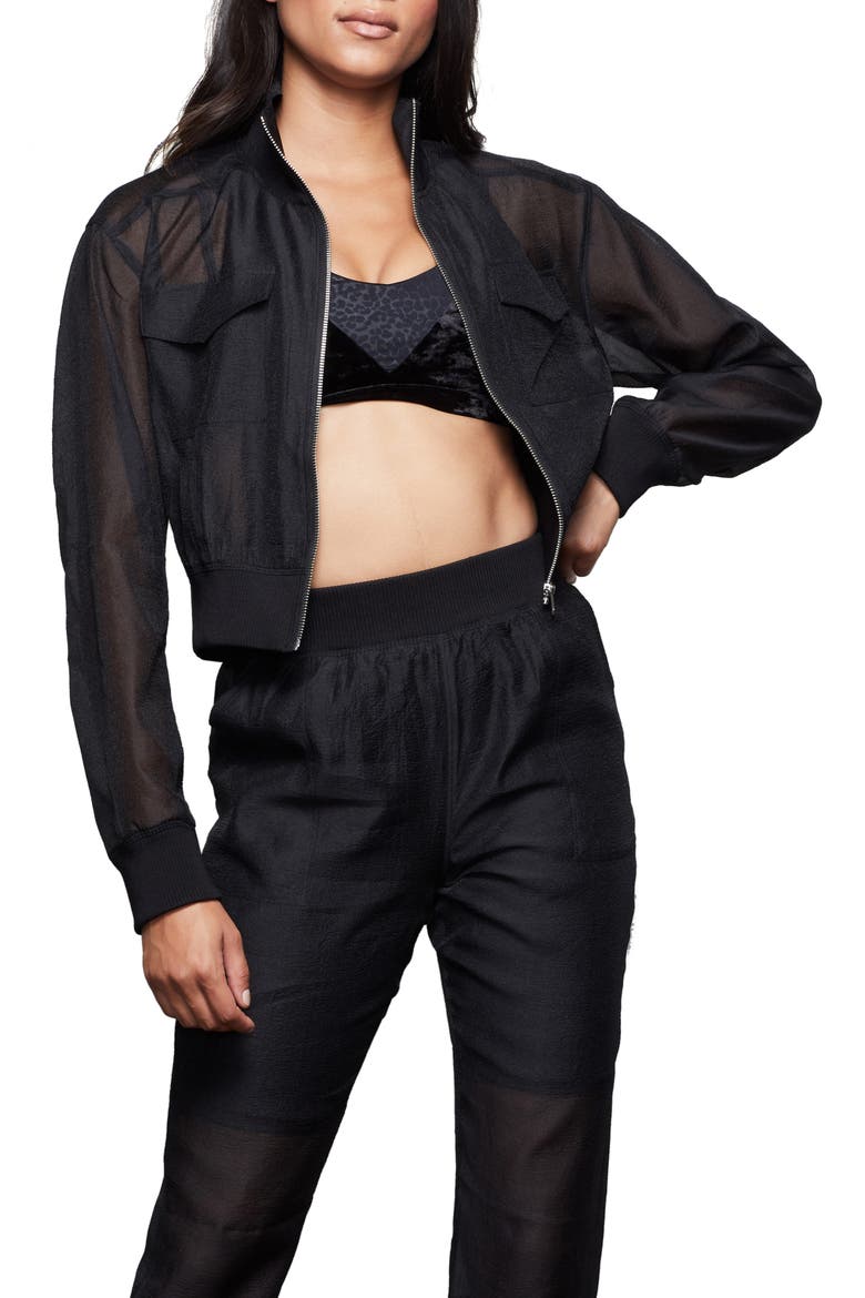 Sheer Crop Bomber Jacket, Main, color, BLACK001
