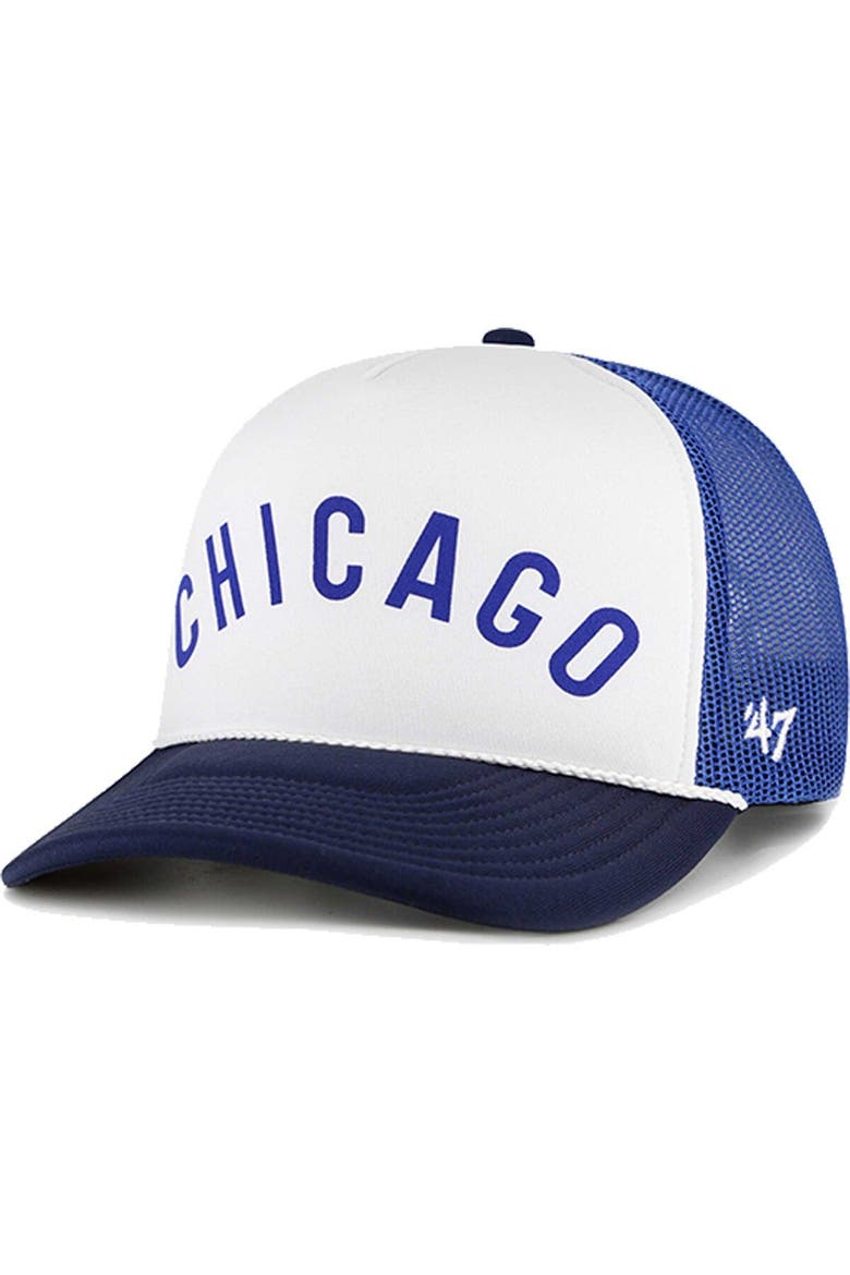 Men's '47 White Chicago Cubs Foam Front Script Trucker Snapback Hat, Main, color, White