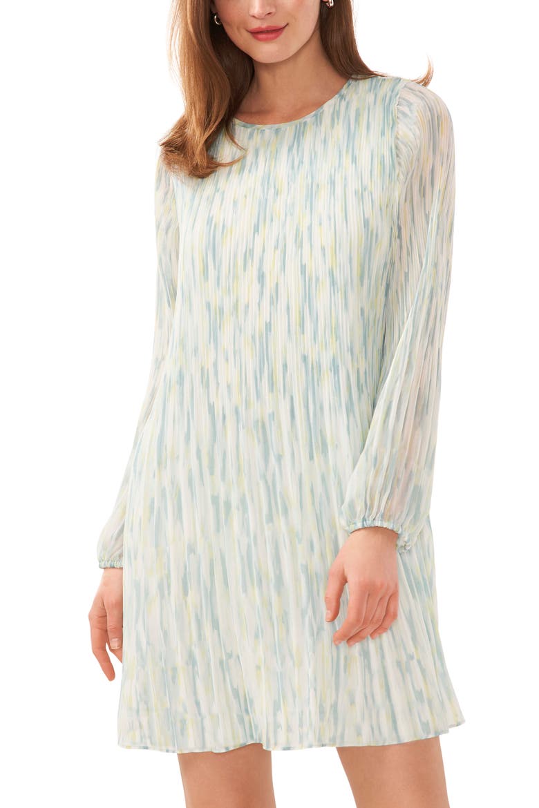 Abstract Print Release Pleat Long Sleeve Minidress, Alternate, color, FRESH MINT GREEN