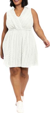 London Times Front Twist Cotton Eyelet A-Line Dress