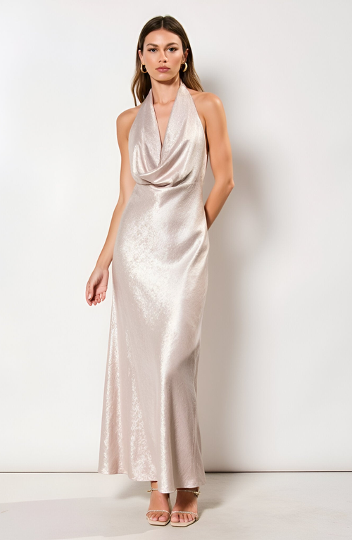 Modenaire Shimmer Cowl Neck Halter Gown With Open Back And Floor-length Skirt In Gold