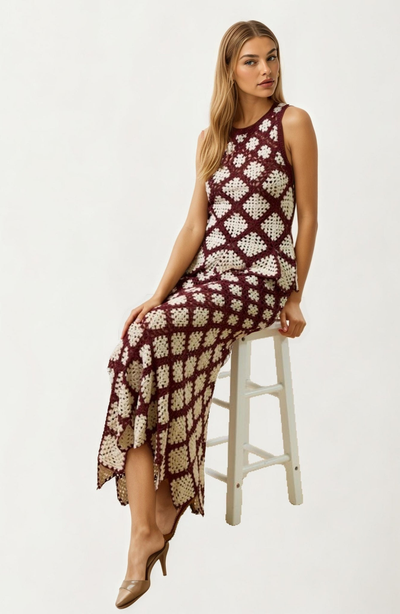 Knit and Lounge Crochet Diamond Pattern Scalloped Hem Midi Skirt, Alternate, color, 