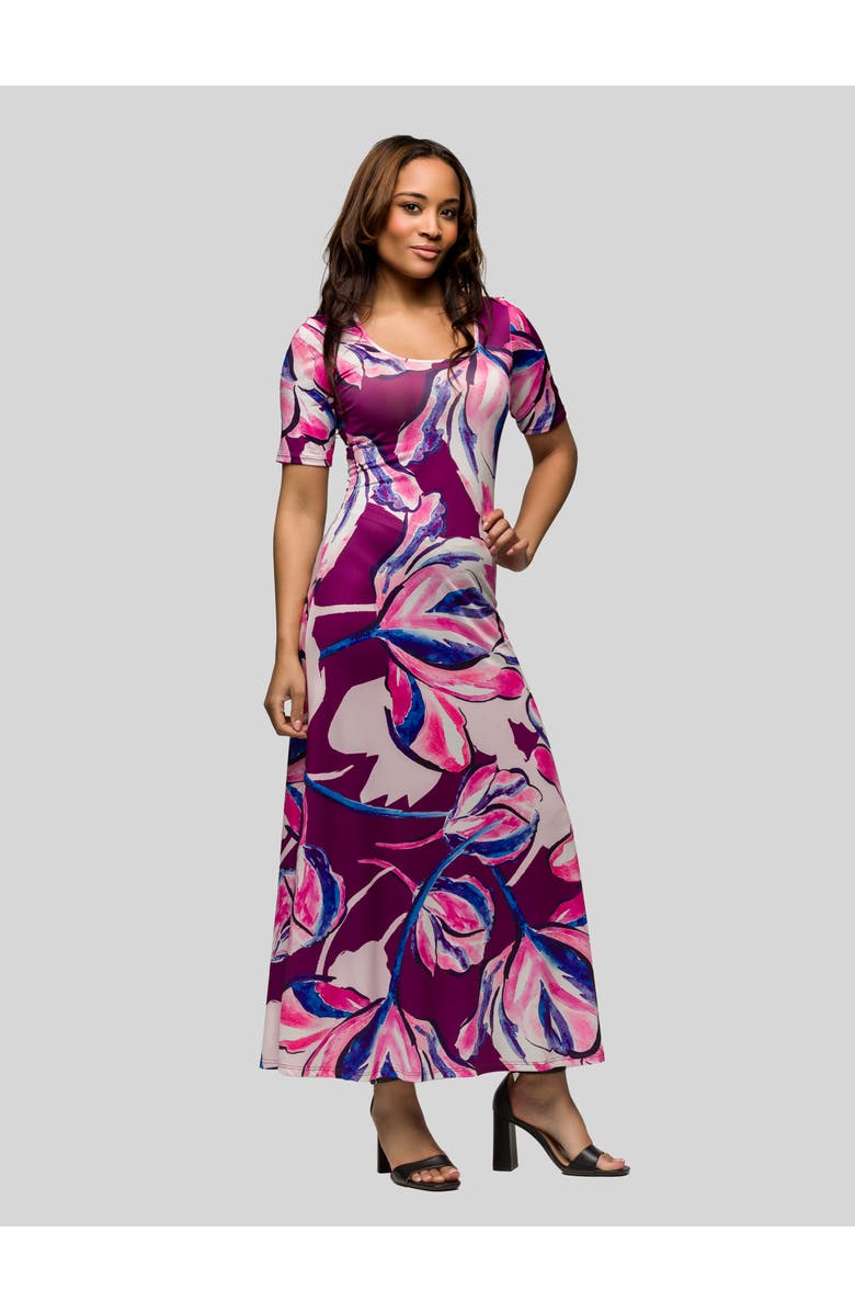 24seven Comfort Apparel Purple Floral Print Elbow Sleeve Casual A-Line Maxi Dress, Alternate, color, Pink Multi