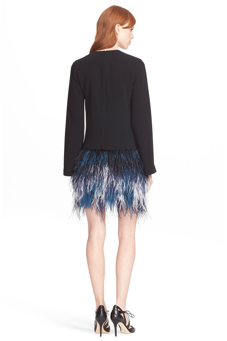'Serena' Genuine Ostrich Feather Trim Dress, Alternate, color, BLACK/ OMBRE BLUE