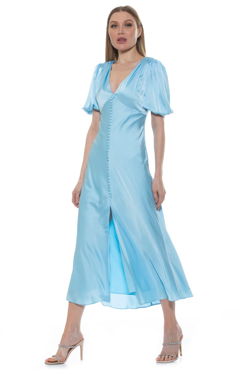 Alexia Admor Lorelei V-Neck Bubble Sleeve Midi Dress, Alternate, color, Halogen Blue