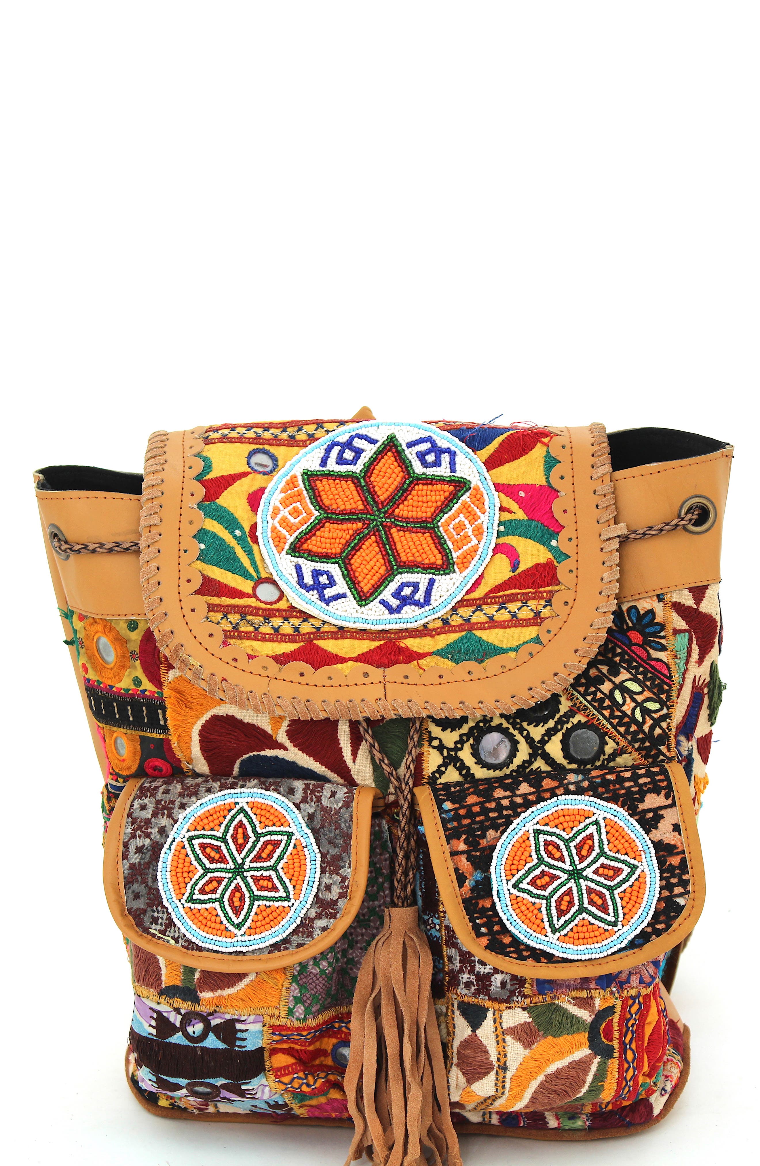 VINTAGE ADDICTION Embellished Leather Drawstring Backpack, Main, color, 