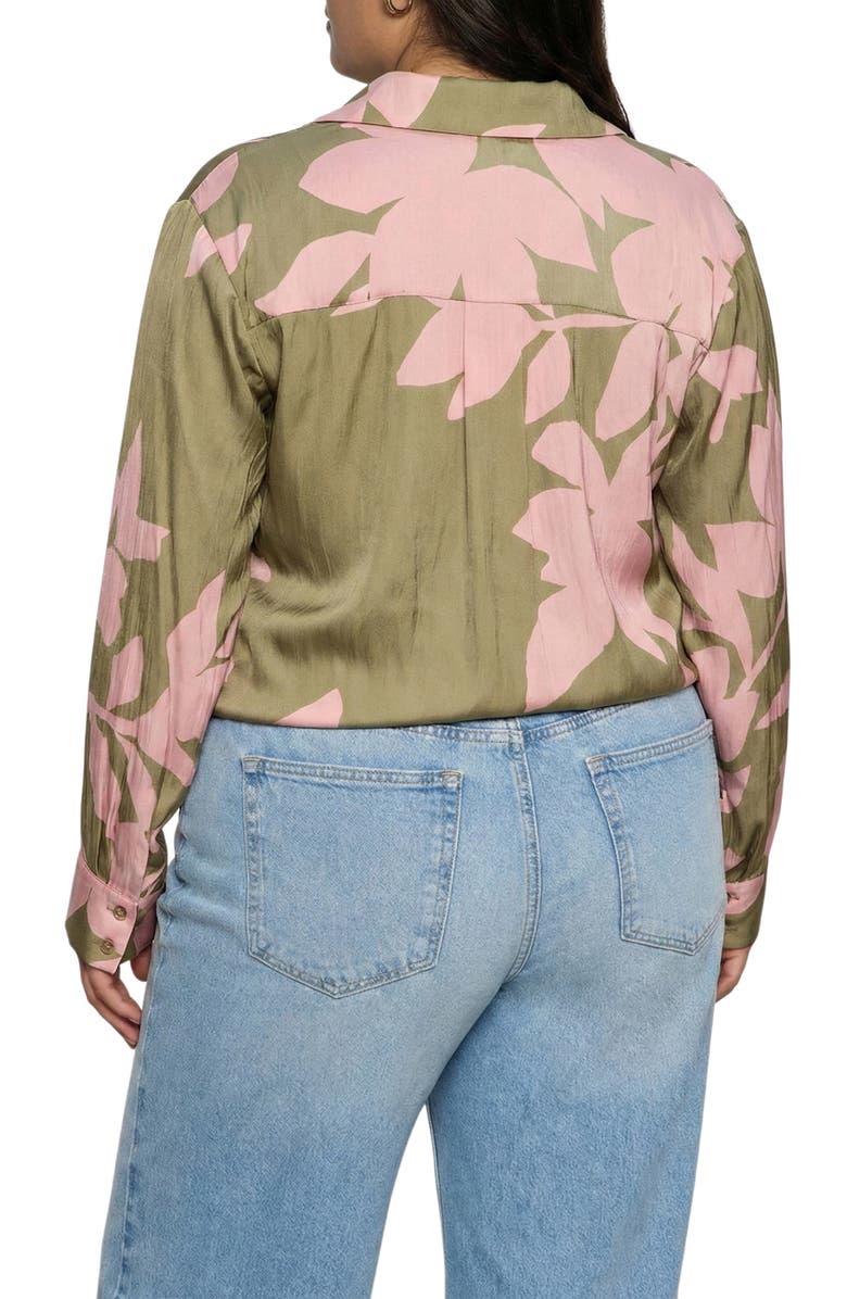 Sanctuary Lover Print Tie Hem Crop Sateen Shirt, Alternate, color, Green/ Pink Silhouette